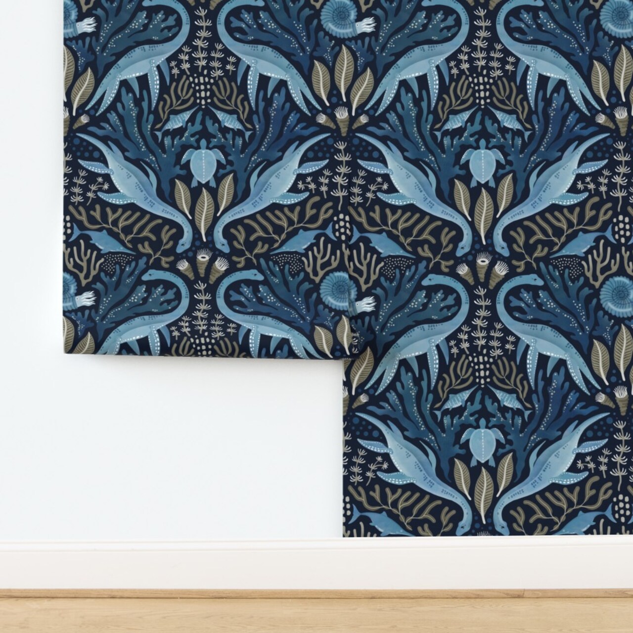 Watercolor Dinosaur Blue Ocean Under The Sea Ammonites Turtle Kids Play Room Kelp Seaweed Plesiosaurs Prehistoric Animals Large Scale Custom Removable Wallpaper by Spoonflower Peel & Stick Wallpaper 2FT Wide